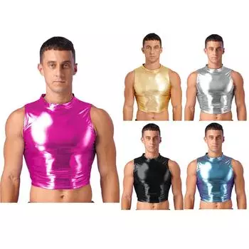 Mens Metallic Sleeveless Vest Faux Leather Crop Top Wet Look Clubwear Street Fashion L чёрный