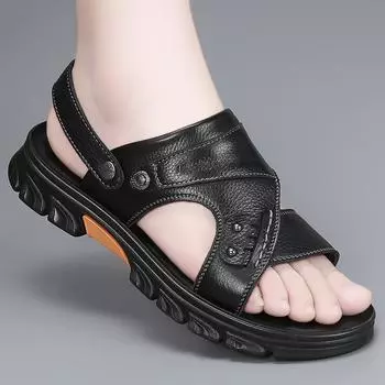Mens Open Toe Cowhide Sandals Fashion Business Genuine Leather Casual Slippers Men Summer Flat Shoes Luxury Brand Roman Slippers 38 чёрный