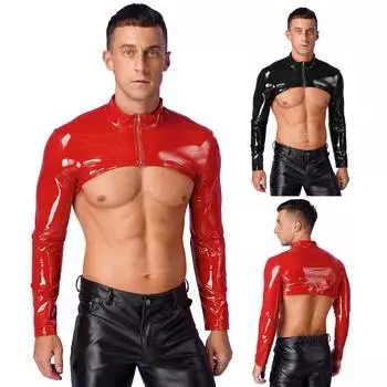 Mens Patent Leather Muscle Top Stand Collar Zipper Sleeve Slim Fit Clubwear M