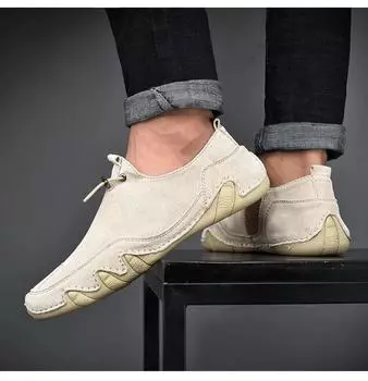 Mens Shoes Casual Luxury Brand Summer Men Loafers Leather Moccasins Light Breathable Slip on Driving Flats Boat Shoes 40 бежевый