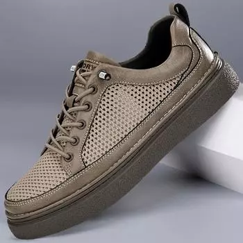 Mens Sneakers Slip On Casual shoes mens Loafers Outdoor Light Flats Genuine Leather Shoes Comfortable Solid Color Mens Sneakers 37 бежевый