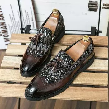 Mens Stylish Loafers 2024 New Arrival Leather Shoes Mens Tassel Slip On Club Shoes Luxury Leather Male Comfortable Casual Shoe 38 чёрный