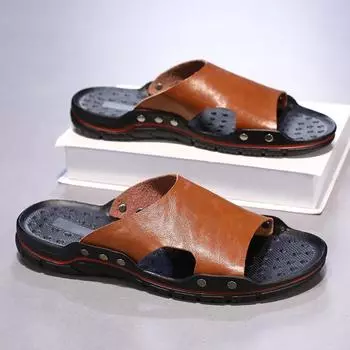 Mens Summer Leather Sandals Comfortable Non-Slip Breathable Slides Lightweight Casual Slippers Size 38