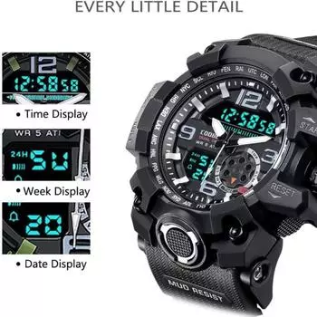 Mens Watch Multi Function Open Button Luminous Function Dual Display Analog Digital Watch Suitable for Sports and Running чёрный