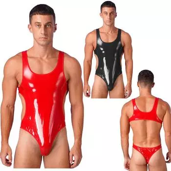 Mens Wet Look Swimsuit Open Back Design Pool Party Bodysuit XL
