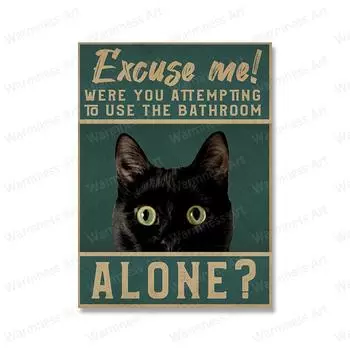 Ментальный забавный черный кот винтажный постер забавная ванная комната холст картина женщины ванна принты настенные художественные картины для туалета домашний декор без рамки 21*30cm No Frame