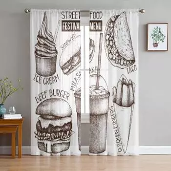 Меню фестиваля уличной еды, роскошные шифоновые прозрачные шторы для гостиной, спальни, украшение, оконная вуаль, тюлевая занавеска 135W x 114H(cm)