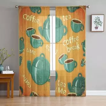 Меню кофе, чая, чашки, ретро-стиль, шифоновые прозрачные шторы для гостиной, спальни, украшение, оконная вуаль, тюлевая занавеска 135W x 114H(cm)