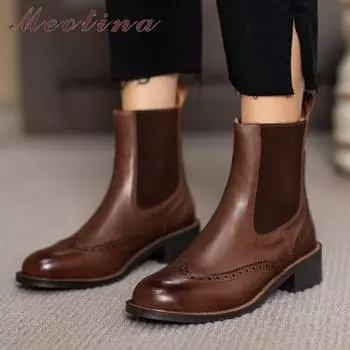 Meotina Ботинки Челси Женская обувь Ботильоны из натуральной кожи на среднем каблуке Короткие ботинки на массивном каблуке с круглым носком Женские осенне-зимние 40 34 чёрный