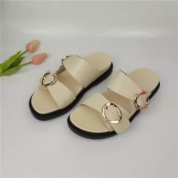 Meotina INS ZA женские сандалии из натуральной кожи с круглым носком, шлепанцы на плоской подошве и пряжкой, женские повседневные тапочки, летняя обувь бежевого и черного цвета, 40 34 бежевый