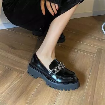 Meotina, лоферы из коровьей кожи на среднем каблуке, женские туфли-лодочки на платформе, на массивном каблуке, женская обувь с круглым носком и цепочкой, черный размер 40