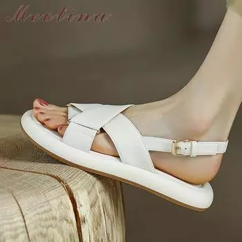 Meotina Shoes, женские сандалии из натуральной кожи, сандалии на плоской платформе, женская обувь с пряжкой и открытым носком, летняя бежевая, коричневая овчина 34 бежевый