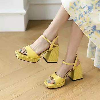 Meotina Shoes, женские сандалии из натуральной кожи, сандалии на платформе и очень высоком каблуке, женская обувь из коровьей кожи с квадратным носком, летняя желтая обувь 34 чёрный