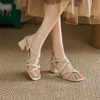 Meotina Shoes, женские сандалии из натуральной кожи с перекрестными ремешками, сандалии на высоком каблуке с квадратным носком, женская обувь на толстом каблуке с пряжкой, летняя обувь 33 чёрный