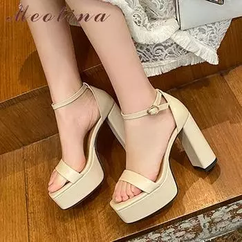 Meotina Shoes, женские сандалии из натуральной кожи с ремешком на щиколотке, сандалии на платформе на высоком каблуке, женская обувь с пряжкой на толстом каблуке, летняя бежевая обувь