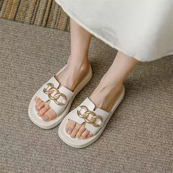 Meotina Shoes, женские сандалии из натуральной кожи, тапочки на плоской платформе, женская обувь с открытым носком и металлическими украшениями, летняя обувь бежевого и абрикосового цвета 34 бежевый