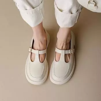 Meotina/туфли из натуральной кожи на плоской подошве с Т-образным ремешком, женская повседневная обувь с пряжкой, модная женская обувь с круглым носком, весна-осень, цвет бежевого цвета 40 34 бежевый