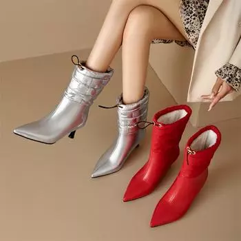 Meotina Женские ботильоны с острым носком на тонком высоком каблуке, лаконичный дизайн, короткие сапоги, женская модная обувь, зимняя, черная, красная, серебристая, 46 33 чёрный