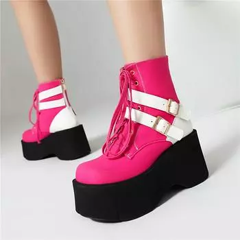 Meotina Женские ботильоны с круглым носком, на плоской платформе, на высоком каблуке, со шнуровкой, застежкой-молнией и пряжкой, короткие ботинки, женская модная обувь, осень-зима 43 34 синий