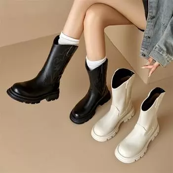 Meotina Women Ankle Cowboy Boots Round Toe Thick Mid Heels Western Short Boots Embroidery Cowgirl Boots Lady Fashion Shoes Winter