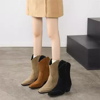 Meotina Женские ковбойские сапоги с квадратным носком и высоким каблуком, короткие сапоги в стиле вестерн, повседневные ковбойские сапоги, женская модная зимняя обувь 34 чёрный