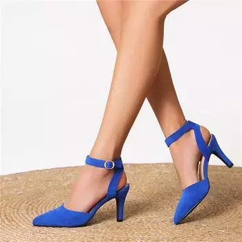 Meotina Women Ankle Strap Pumps Pointed Toe Thin High Heels Buckle Glove Shoes Ladies Fashion Shoes Spring Autumn Blue Black 43 36 чёрный
