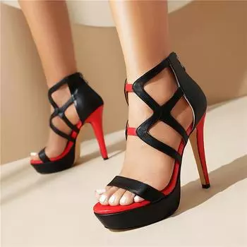 Meotina Women Ankle Strap Sandals Round Toe Thin High Heels Zipper Platform Sexy Design Ladies Fashion Party Shoes Summer Black 43 36 чёрный