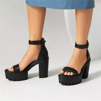 Meotina Women Ankle Strap Sandals Round Toe Chunky High Heels Buckle Platform Sexy Design Ladies Fashion Shoes Summer Black 43 36 чёрный