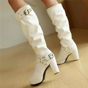 Meotina Женские сапоги до колена с круглым носком, на толстом высоком каблуке, с плиссированной пряжкой, с металлическим украшением, сапоги Gogo, женская модная обувь, зимняя обувь 45 34 белый