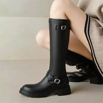Meotina Женские сапоги до колена с круглым носком, на платформе, на толстом среднем каблуке, на молнии, с пряжкой, женские модные зимние туфли 43 33 чёрный