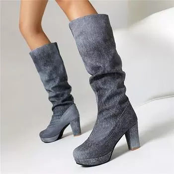 Meotina Женские сапоги до колена с круглым носком на толстом высоком каблуке, плиссированные сапоги Gogo, женская модная обувь, осень-зима 45 34 серый