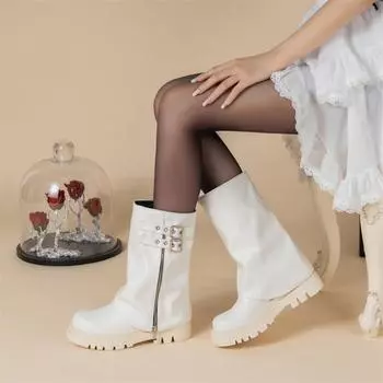 Meotina Женские полусапожки с круглым носком, на толстом каблуке, на платформе, с молнией и пряжкой, модная женская обувь, осень-зима, черный, белый, 45 34 белый