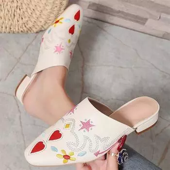 Meotina Women Mules Round Toe Flats Embroidery Concise Design Ladies Fashion Casual Shoes Spring Autumn Black Khaki Beige 45 35 чёрный