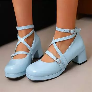 Meotina Women Patent Leather Ankle Strap Mary Janes Pumps Round Toe Thick Mid Heels Buckle Cross Strap Glove Shoes Ladies Fashion Shoes Spring Autumn 33 синий