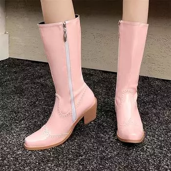 Meotina Женские лакированные кожаные сапоги до середины голени с круглым носком на массивном высоком каблуке, на молнии, лаконичные женские модные туфли, зимние, черного цвета, размер 46 33 чёрный