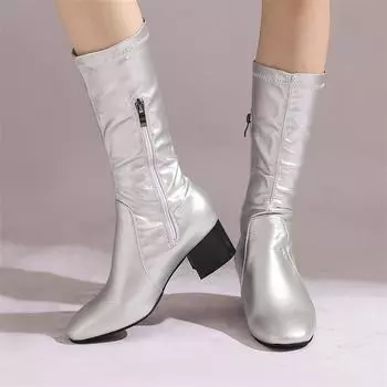 Meotina Женские полусапожки из искусственной кожи с круглым носком и толстым каблуком средней высоты, на молнии, лаконичные модные туфли для женщин, осень-зима, черный, серебристый, 46 33 белый