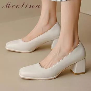Meotina, женская модная обувь из искусственной кожи, туфли-лодочки на толстом каблуке, женская обувь на высоком каблуке с квадратным носком, весенняя обувь бежевого и абрикосового цвета, большой размер 43 34 бежевый