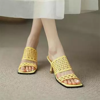 Meotina, женская модная обувь из натуральной кожи, шлепанцы на тонком каблуке с квадратным носком, женская обувь на высоком каблуке, летняя обувь желтого, бежевого цвета, размеры 33–43