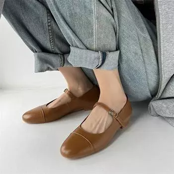 Meotina женская модная повседневная обувь Мэри Джейн из натуральной кожи с круглым носком на плоской подошве и пряжкой, весенне-осенняя обувь коричневого абрикосового цвета 40