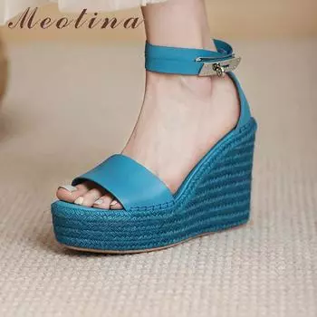 Meotina, женская обувь из натуральной кожи, босоножки на высоком каблуке и платформе, босоножки на танкетке с ремешком на щиколотке, женская обувь с пряжкой, летняя обувь желтого цвета 41 34 синий