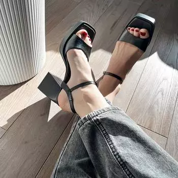 Meotina женская обувь из натуральной кожи, сандалии на очень высоком каблуке и платформе, на толстом каблуке, женская обувь с квадратным носком, модная летняя черная обувь 34 чёрный