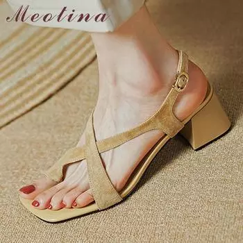 Meotina/женская обувь из натуральной кожи с перекрестными ремешками, летние сандалии с пряжкой на толстом каблуке, вьетнамки на высоком каблуке, женская обувь, детская замша 34 синий