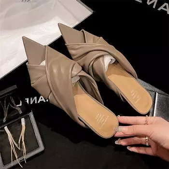 Meotina/женская обувь из натуральной кожи, шлепанцы на плоской подошве с острым носком, плиссированные женские модные тапочки, лето-весна, черный цвет хаки, 40 34 чёрный