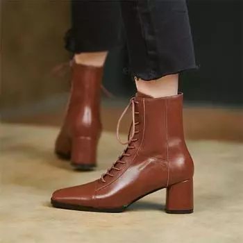 Meotina Женская обувь из натуральной кожи, ботильоны с квадратным носком, женские короткие ботинки на толстом высоком каблуке с молнией, осень, бежево-коричневый цвет 2021, 40 34 бежевый