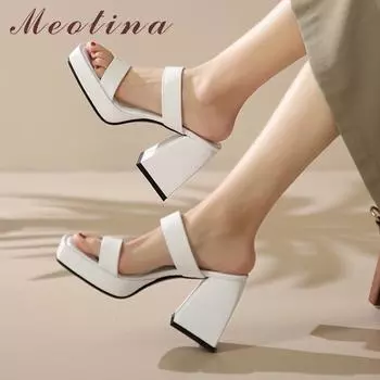 Meotina/женская обувь из натуральной кожи, летние шлепанцы на очень высоком каблуке и платформе, женская обувь на толстом каблуке с квадратным носком, белый, черный