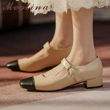 Meotina, женская обувь Мэри Джейн из натуральной кожи, туфли-лодочки на толстом каблуке, женская обувь с квадратным носком, средним каблуком, весенняя абрикосовая обувь, размеры 33–43