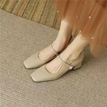 Meotina/Женская обувь Мэри Джейн, модные туфли-лодочки на толстом каблуке, женская обувь на высоком каблуке с квадратным носком и жемчугом, осенняя обувь цвета бежевого и хаки, размеры 33–43 33 бежевый