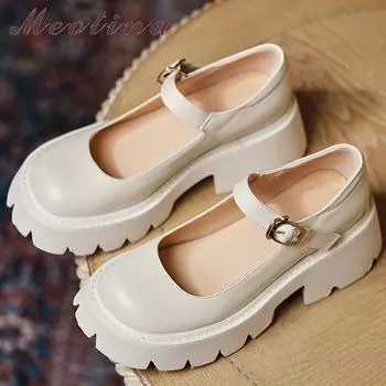 Meotina/Женская обувь Мэри Джейн, туфли-лодочки из натуральной кожи на платформе, на толстом каблуке, женская обувь на высоком каблуке с пряжкой и круглым носком, весенняя, бежевая