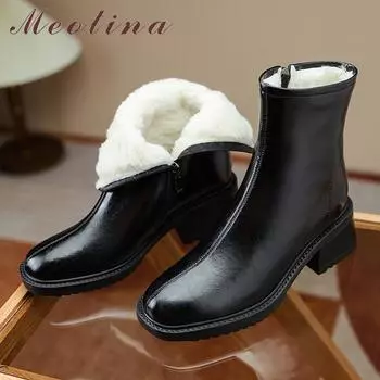Meotina Женская обувь Модные ботинки из натуральной кожи Женские ботинки на толстом высоком каблуке на платформе Ботильоны на молнии Зимние черные коричневые 43 34 чёрный