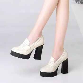 Meotina Женская обувь на высоком каблуке из натуральной кожи на платформе Туфли на массивном высоком каблуке Женские туфли-лодочки из коровьей кожи с круглым носком 34–39 34 чёрный